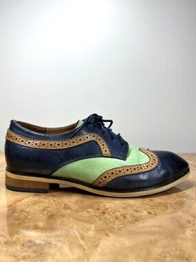 Mona Flying Perforated Lace-up Oxfords Shoes Womens 42 Navy Green Tan Leather